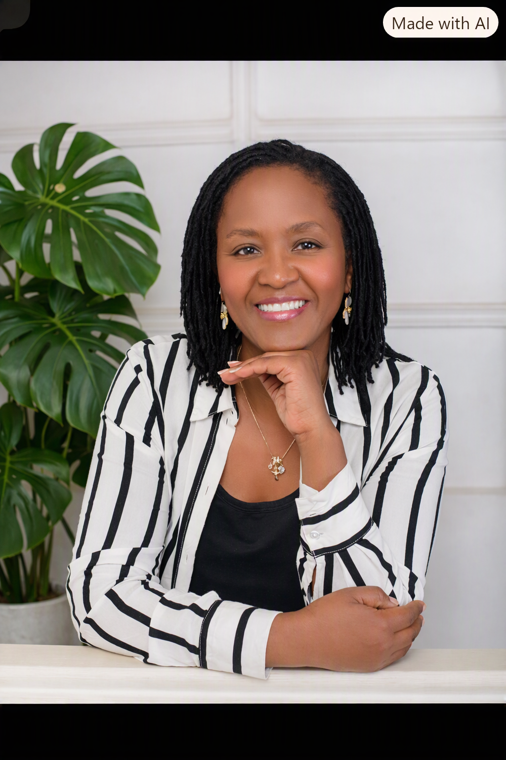 A woman with black, shoulder-length dreadlocks wearing a black top and a white blazer with black vertical stripes, sitting at a white desk with a large green monstera plant in the background, smiling at the camera.
