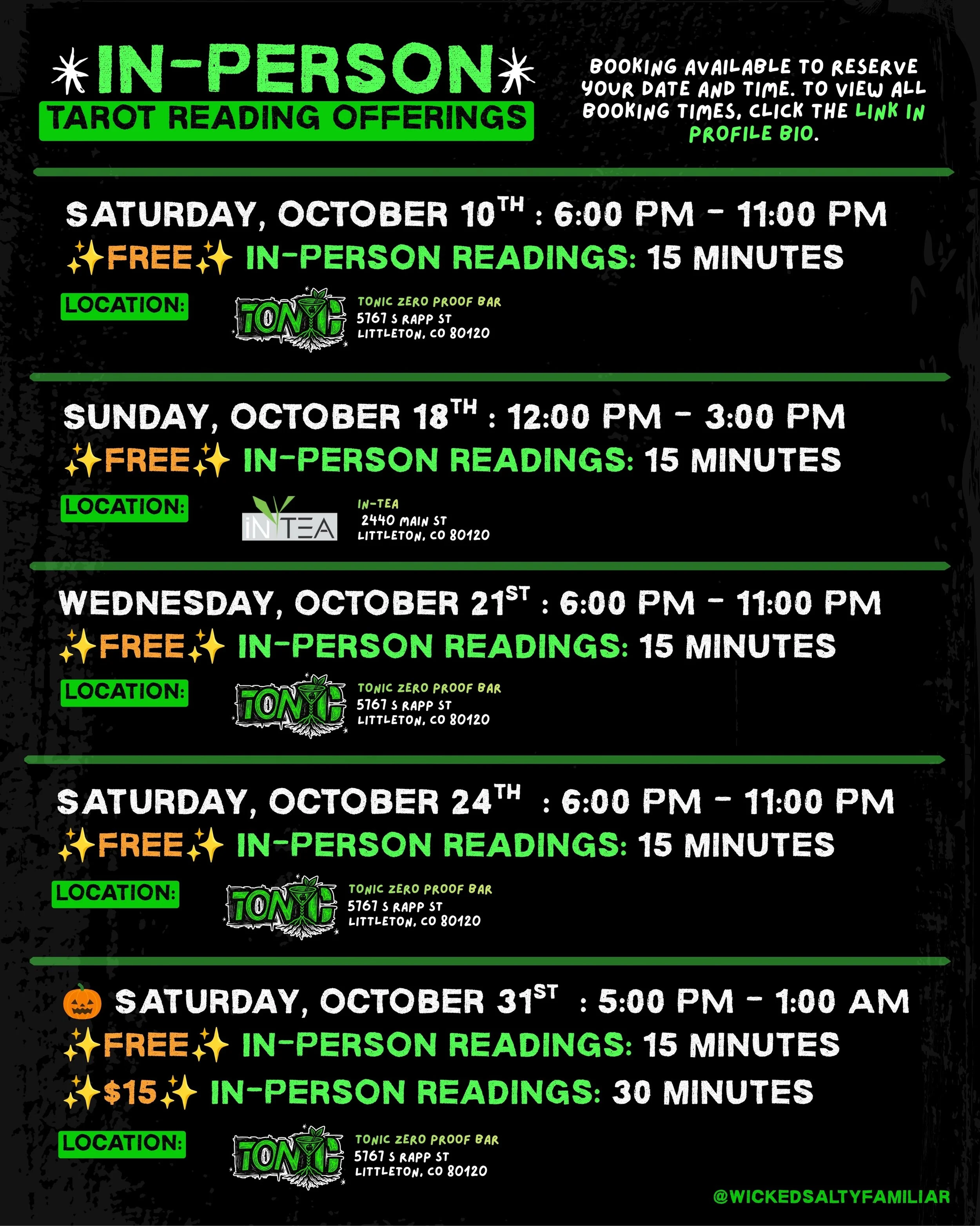 ✨ITS HAPPENINGGGG✨ In-Person readings are BACK for the month of October at @toniczeroproofbar and @in.tea.littleton all in @downtownlittletonco !!! Booking is open and spots are limited for the dates provided. 

🔗 Link in Bio to book! 🥳🥳🥳🖤🐈&zwj
