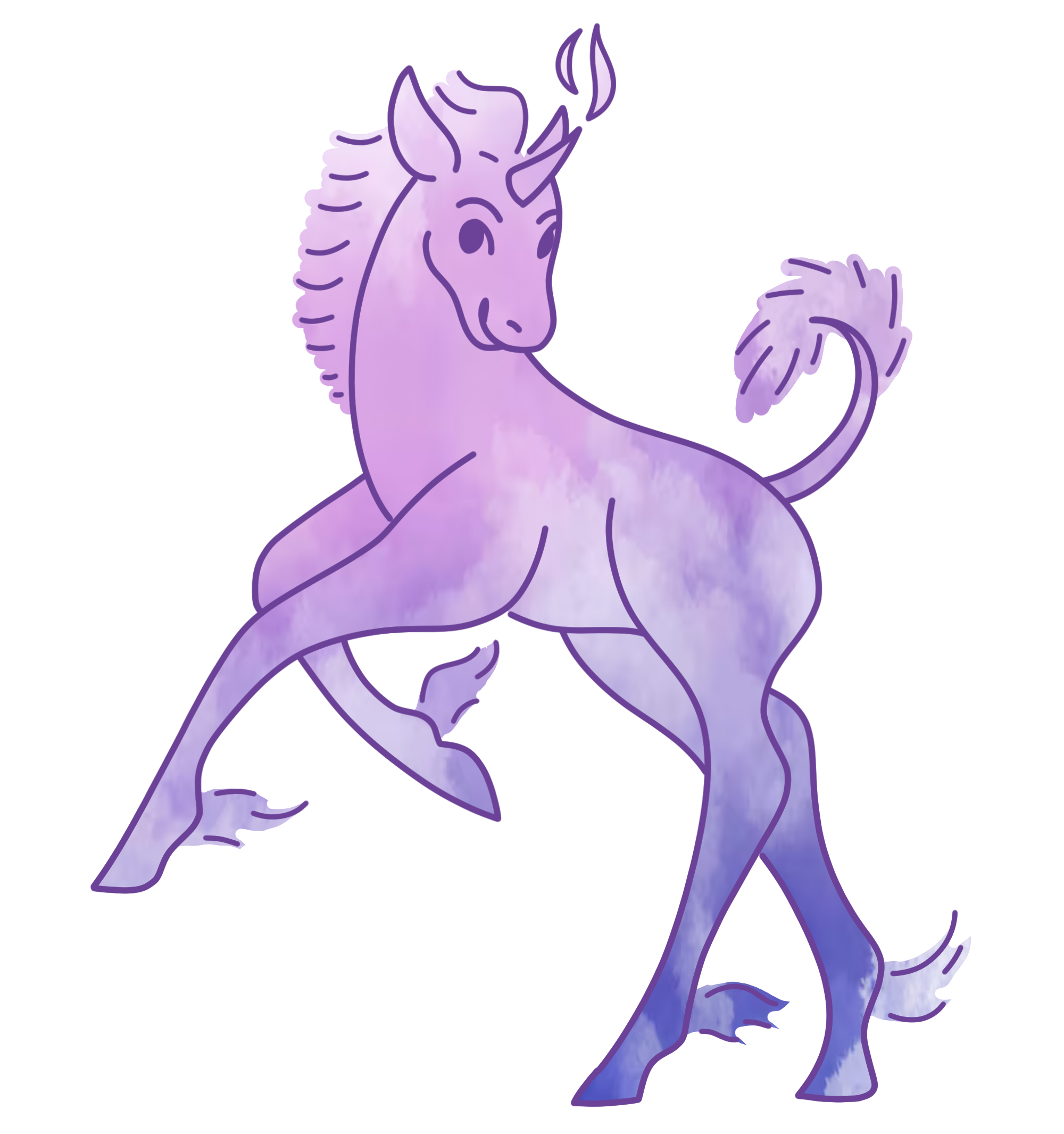 A purple cartoon unicorn standing on its hind legs, facing left, with a happy expression, a flowing mane, and tail.