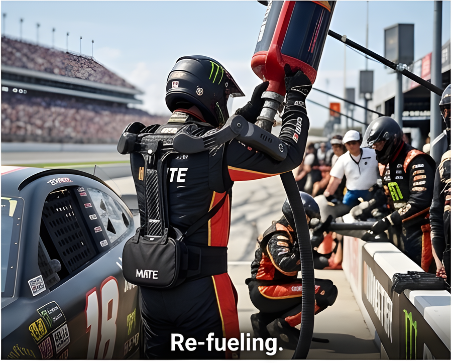 Racing crew member refueling a race vehicle while wearing MATE XT-GO