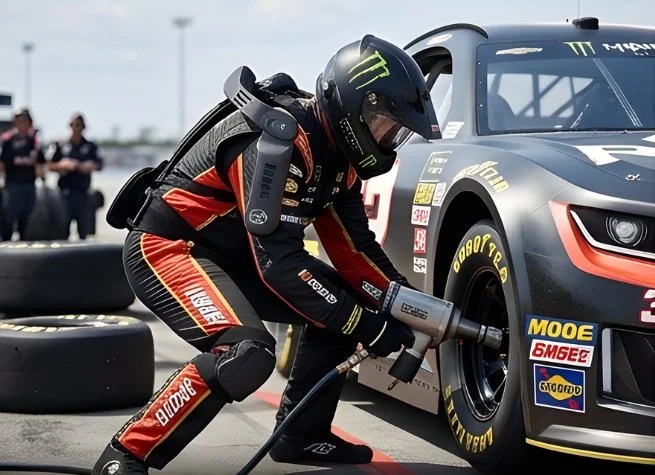Racing crew member performing demanding vehicle work while wearing MATE XT-GO