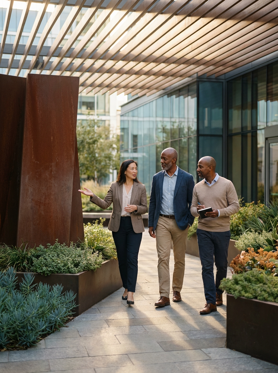 Three business professionals walking and talking outside a modern office building with glass windows and landscaped planters.