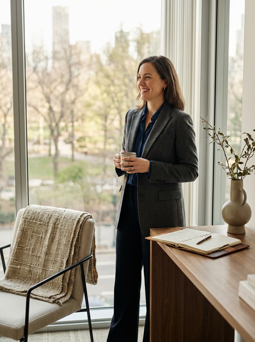 A woman in a professional suit standing by a window, holding a mug, smiling, with a knit blanket draped over a chair nearby, and a desk with an open notebook, pen, and a decorative vase inside a well-lit office.