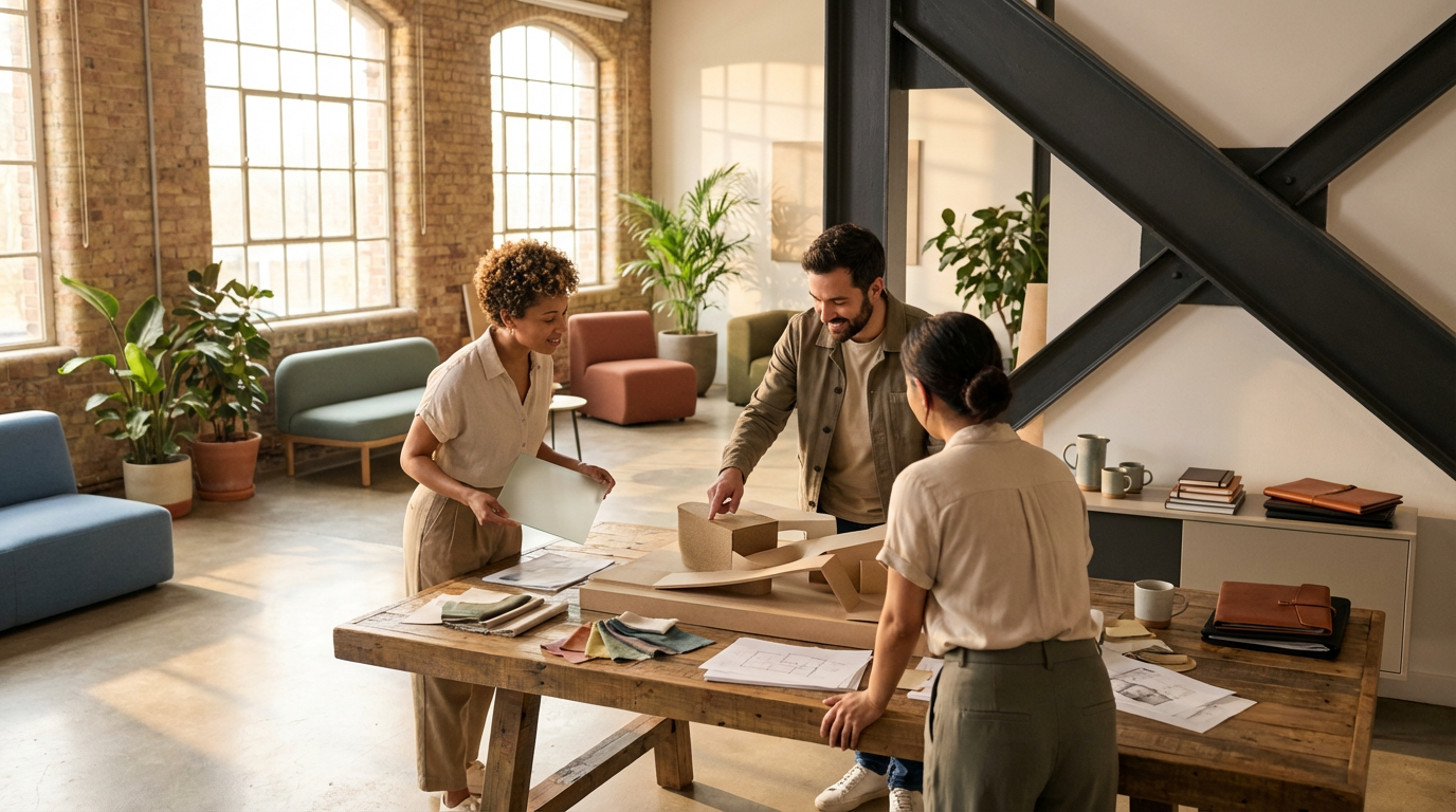 Three people in a creative office space discussing a project on a wooden table with fabric swatches, architectural drawings, and samples, surrounded by potted plants and colorful furniture.