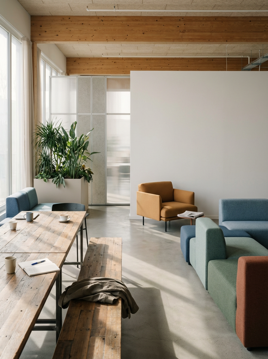 Modern meeting room with wooden ceiling, large windows, a long wooden table with chairs, a potted plant, and colorful sofas against white walls.