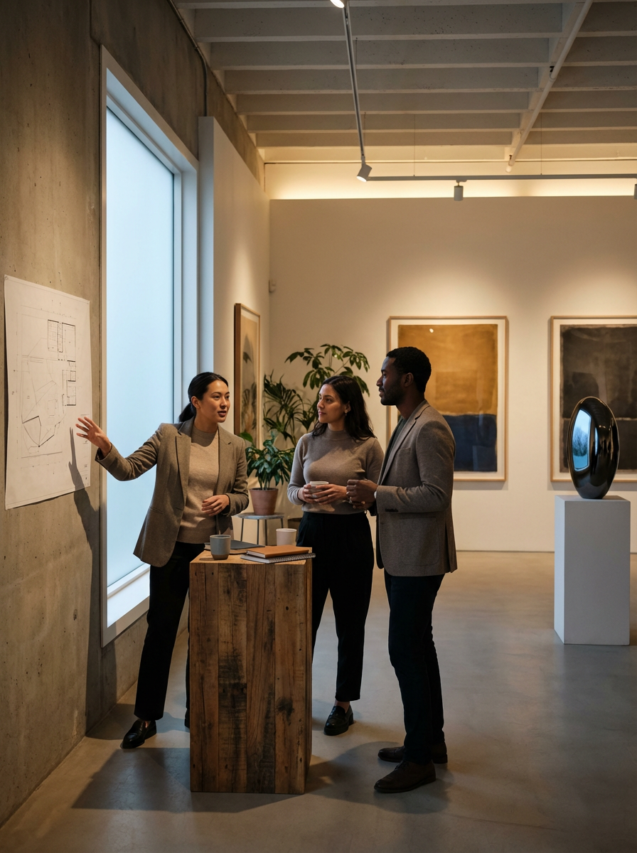 Three people having a discussion in an art gallery, with one person explaining artwork to the other two. The gallery has modern art pieces and sculptures on display.