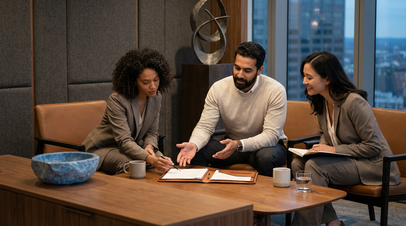 Three professionals in a business meeting sitting at a wooden table in an office, discussing documents.