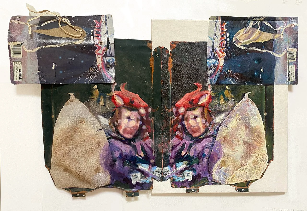 What is Left is Right, oil on assemblage,  x 17" x 34,"  2024