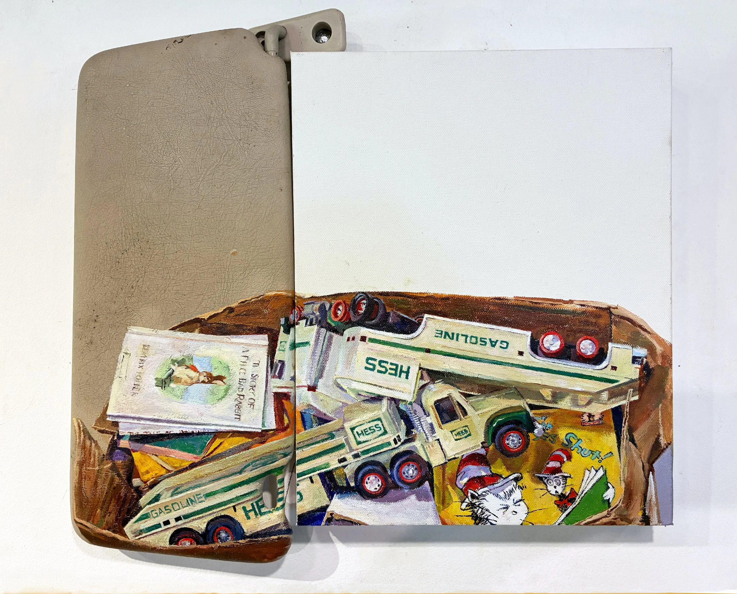 Bad Bunny, oil on assemblage of car visor and stretched canvas, 17"x 20", 2026