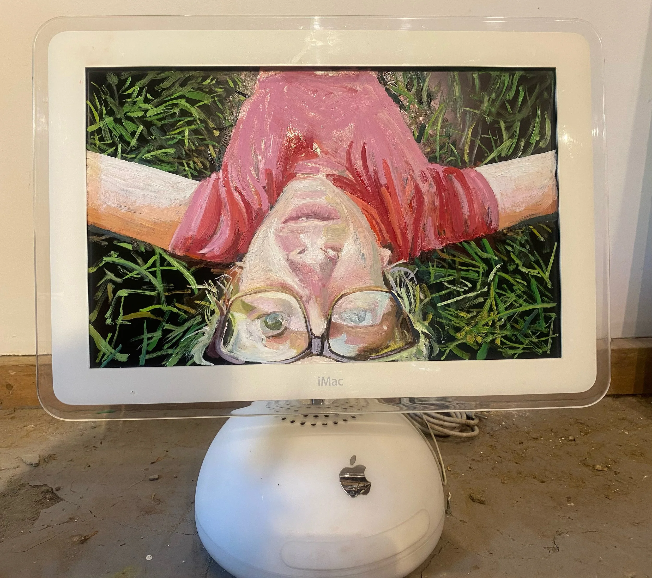 Self Portrait: Tossed Aside, oil paint on vintage Apple monitor, 18" x 18" x 14", 2025
