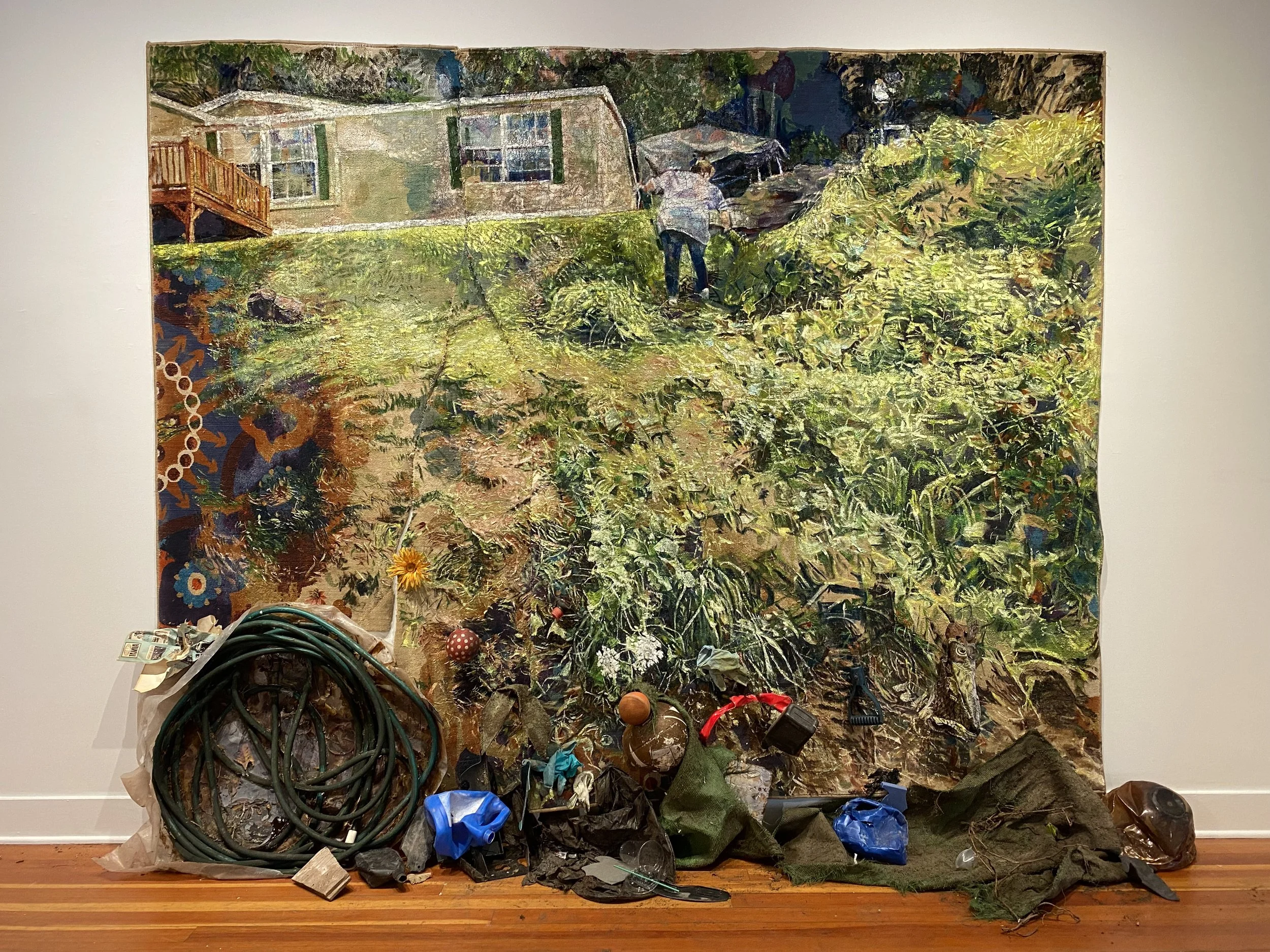 painting on carpet, assemblage, trash art