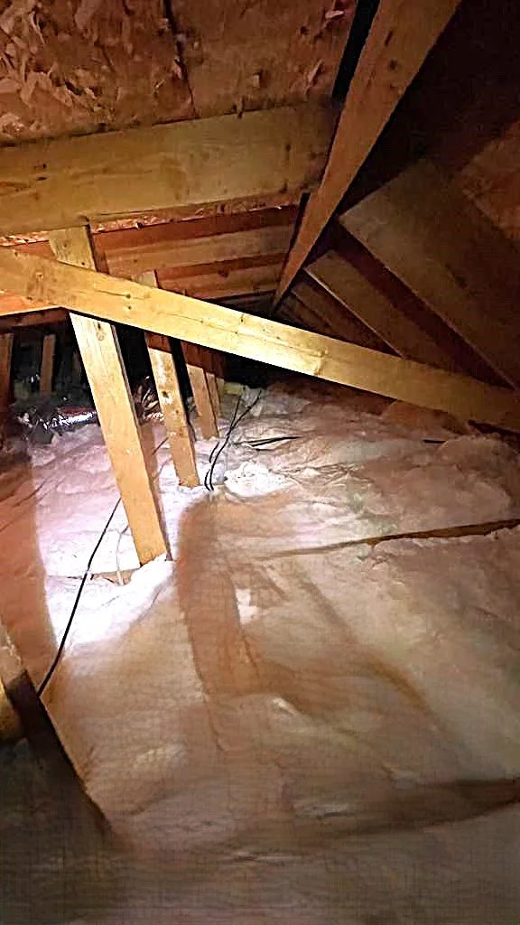 Attic space with exposed wooden beams and insulation on the floor.