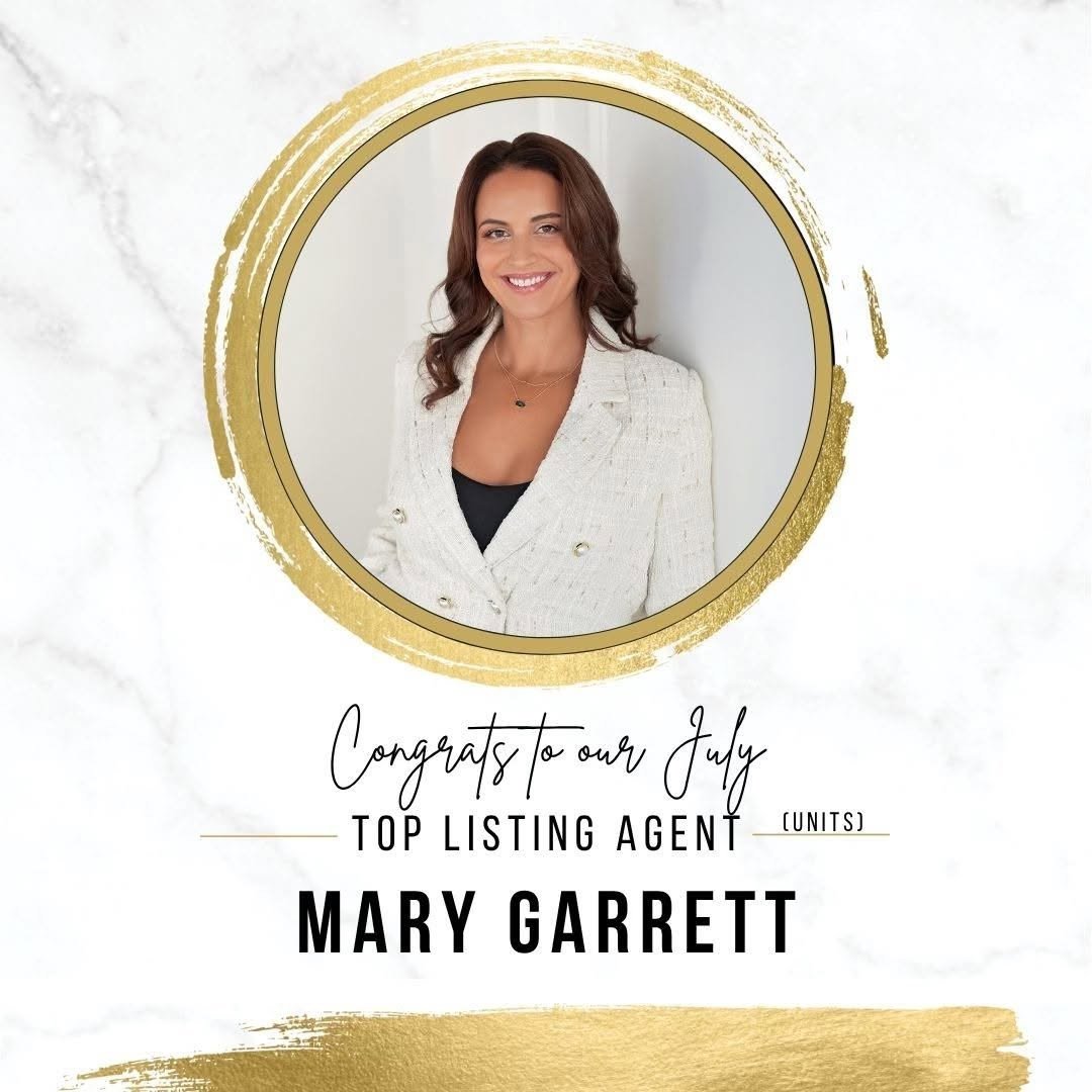 Portrait of real estate agent Mary Garrett with text congratulating her as July's top listing agent by units.
