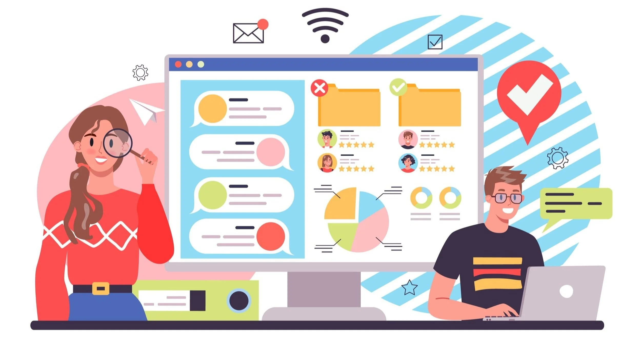 Illustration depicting a woman with a magnifying glass, a man working on a laptop, and a large computer screen displaying chat messages, folders, charts, and icons related to data analysis and communication.