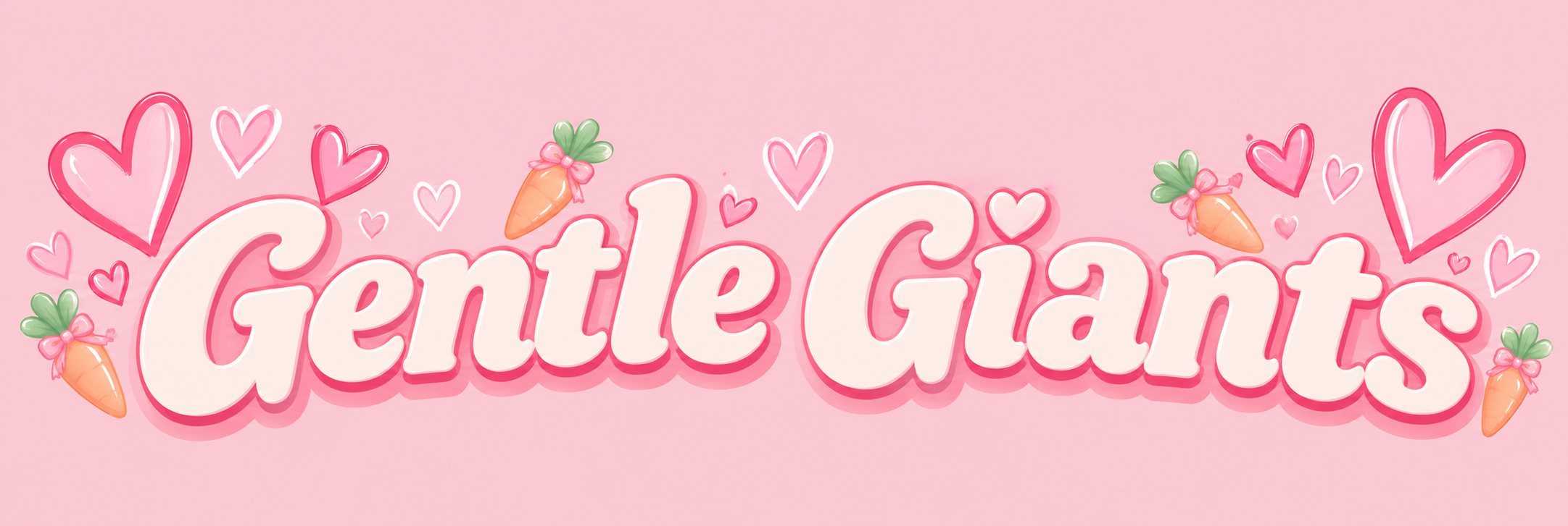 Pink background with the words "Gentle Gants" in large, white, bubbly font with pink outline, decorated with small pink and white hearts and cartoon carrots with green tops and pink bows.