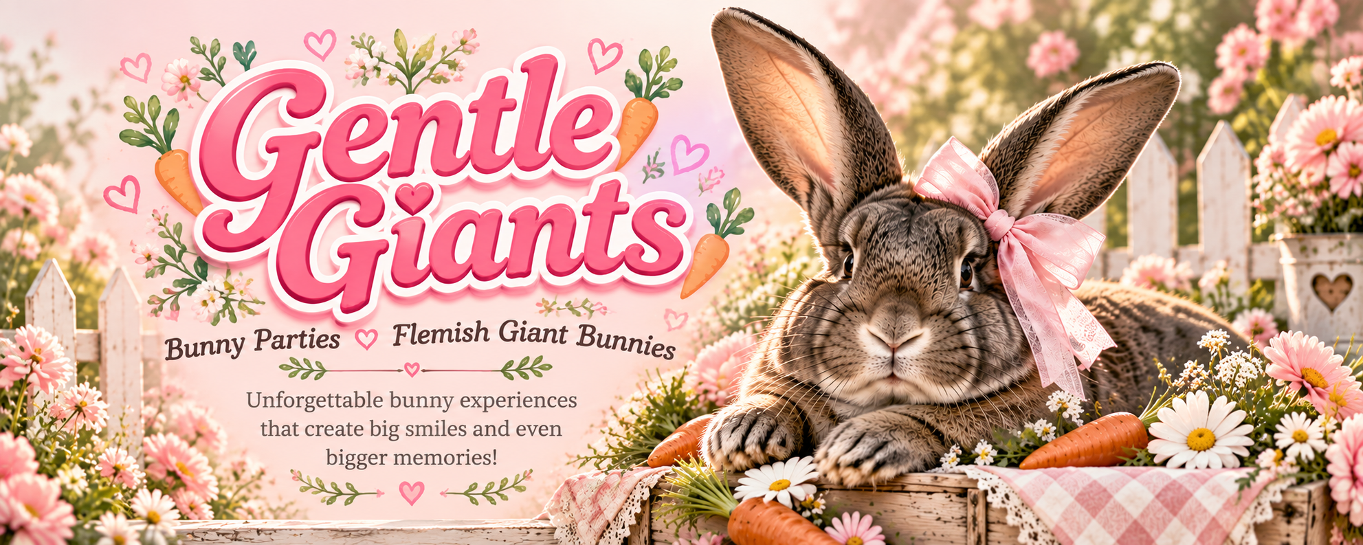A promotional image for 'Gentle Giants' featuring a cute bunny with large ears and a pink bow, surrounded by pink and white flowers, orange carrots, and a white picket fence in a garden setting