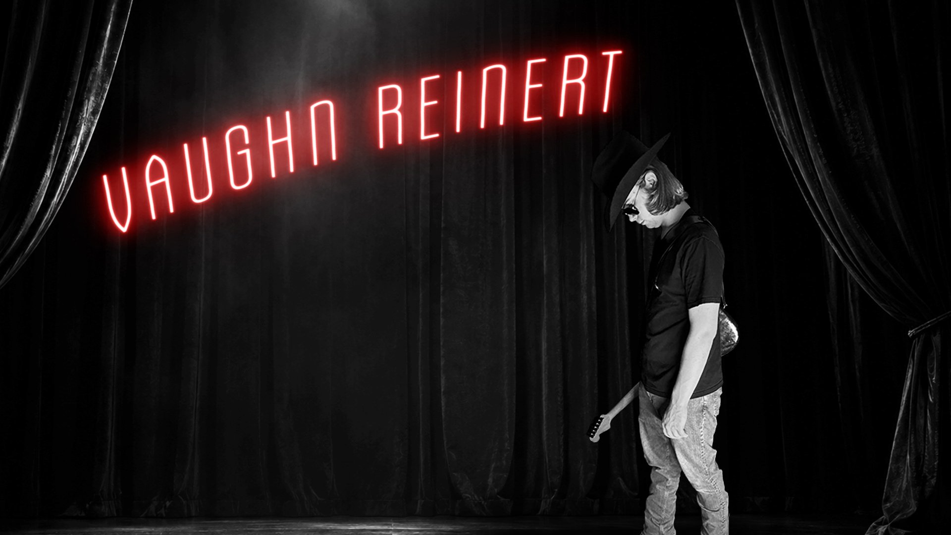 Vaughn Reinert artist graphic with stage and neon sign.