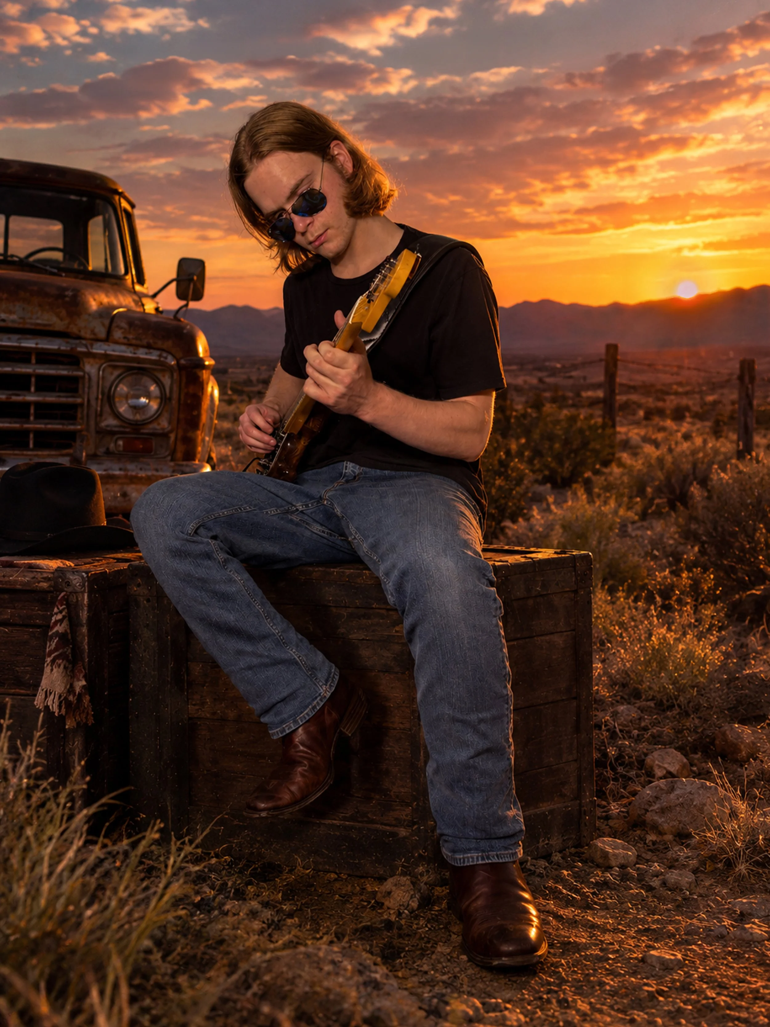 Vaughn Reinert playing electric guitar outdoors at sunset.