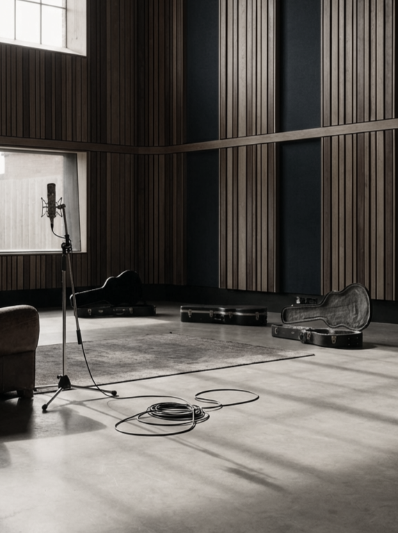 Recording studio with microphone, guitar cases, and music equipment.