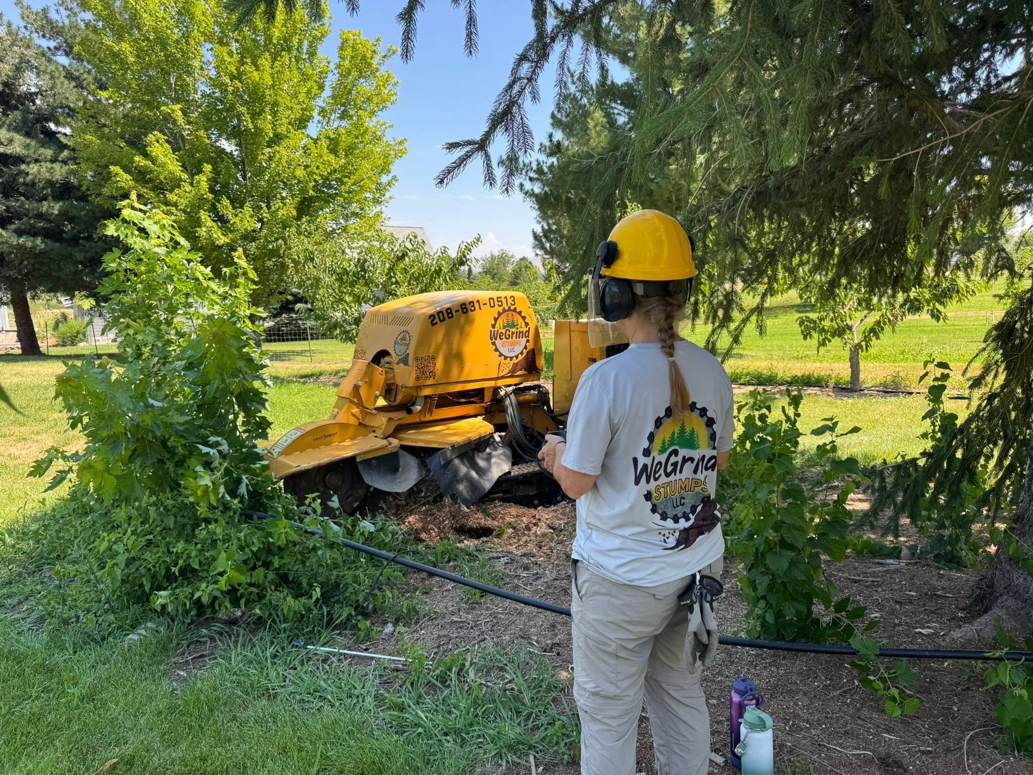 A WeGrind employee wearing a yellow safety helmet and a white T-shirt, operating a yellow stump grinder in a backyard with green trees and grass.