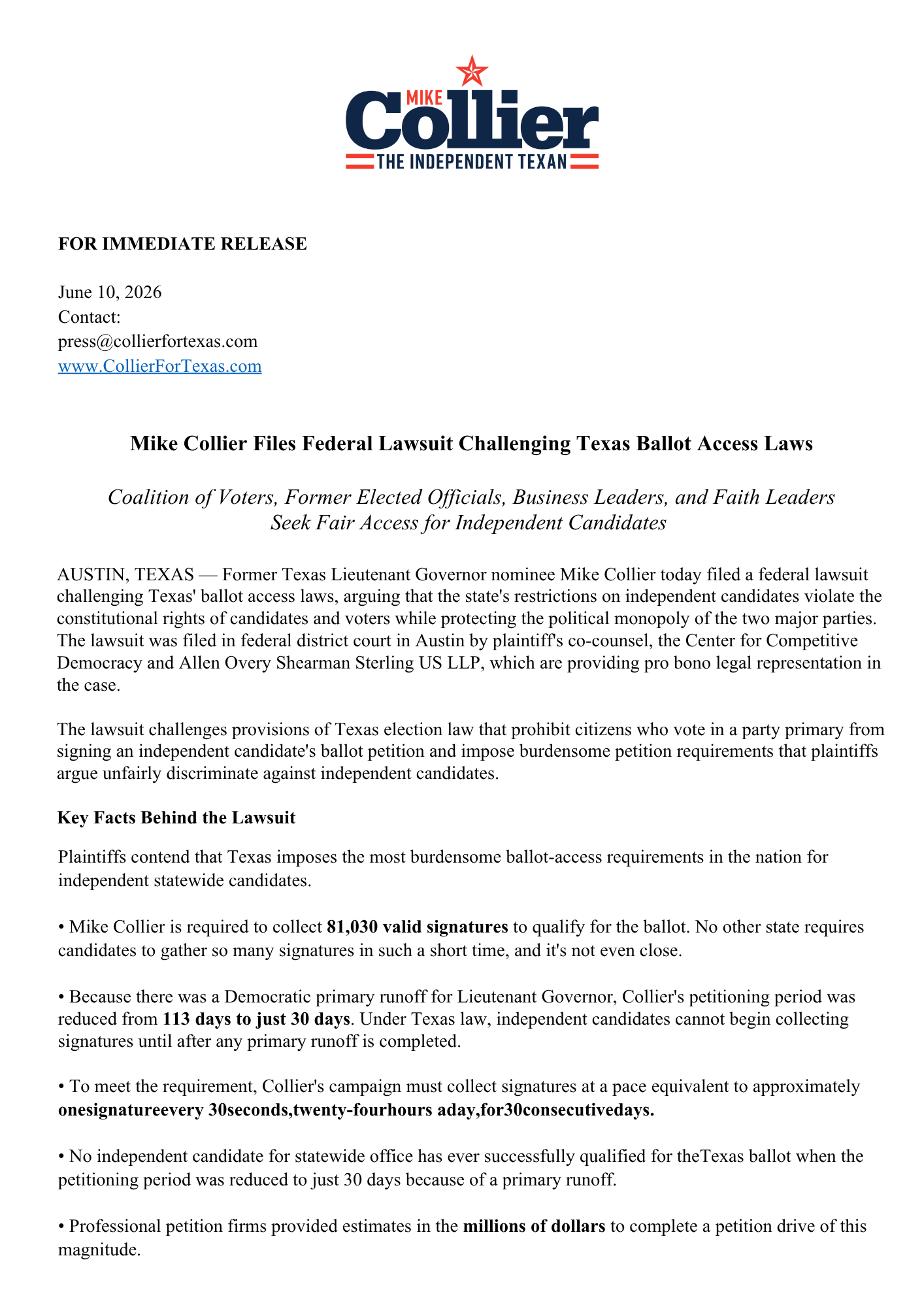 Press release document from Mike Collier with a logo at the top featuring a red star and text in red and blue, titled 'FOR IMMEDIATE RELEASE,' dated June 10, 2026, with contact information and details about a federal lawsuit challenging Texas ballot access laws.