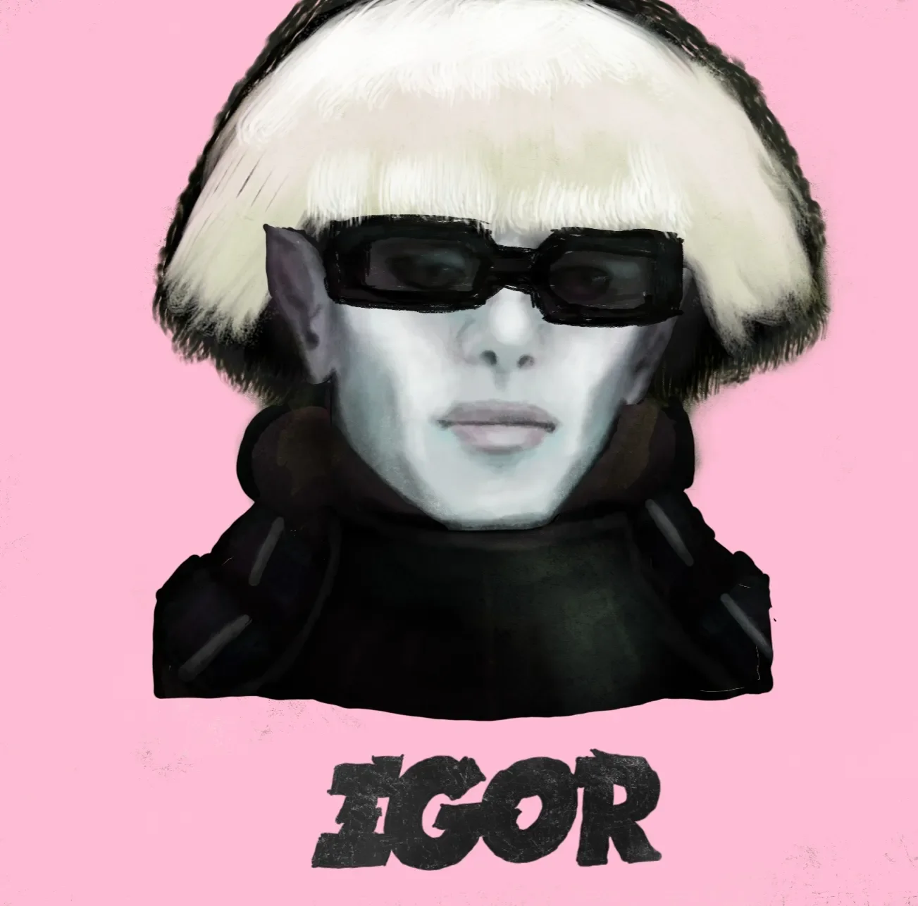 An edited image of a greyscale duergar woman with a platinum-blonde short bob and heavy black sunglasses on a field of rose pink, in imitation of the Tyler, The Creator album cover for IGOR, with the IGOR text beneath the portrait.