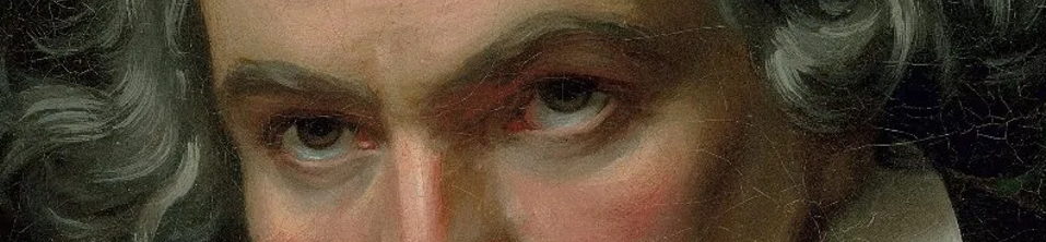 Just the eyes from Joseph Karl Stieler's 1820 painting of Ludwig Van Beethoven, titled "Beethoven with the Manuscript of the Missa Solemnis".  The eyes have been hit with a strong fuchsia exclusion, turning dark regions a bright pink and skin green.