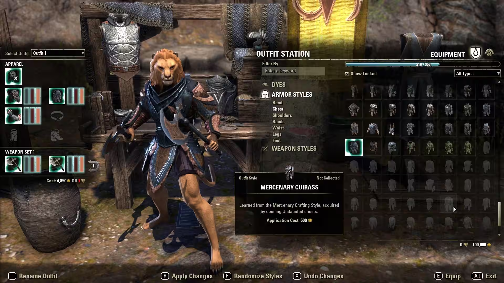 An image of the Elder Scrolls Online PC interface for the Outfit System. It showcases myriad gear appearances and visibly selected tint channels for an entire outfit, on a tawny leonine khajiit male protagonist.