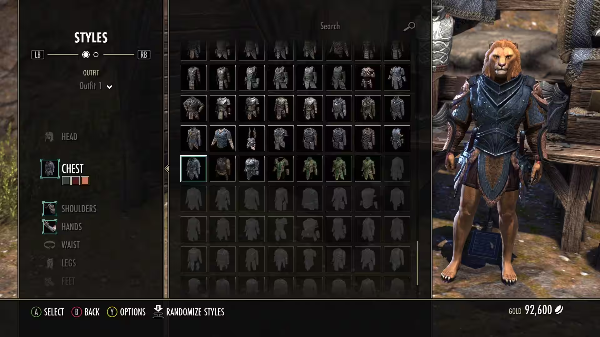 An image of the Elder Scrolls Online console interface for the Outfit System. It showcases myriad gear appearances and visibly selected tint channels within a selected chestpiece, on a tawny leonine khajiit male protagonist.