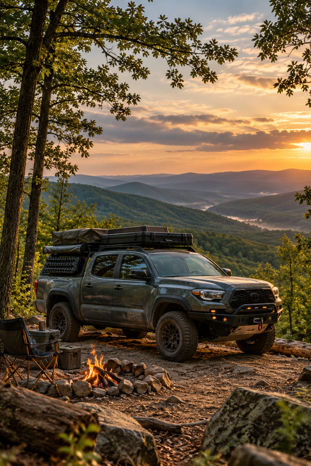 An illustrative overland pickup at a wooded mountain campsite at sunset.