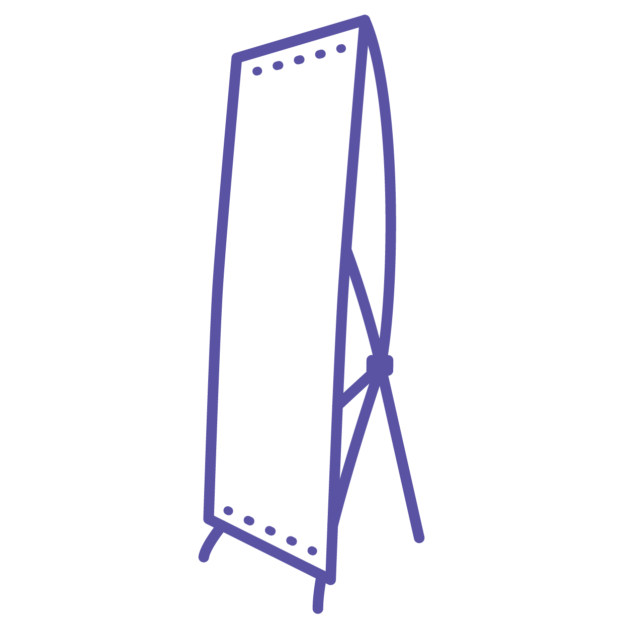 Outline drawing of a freestanding full-length mirror with a simple frame and four legs, shown at an angle.