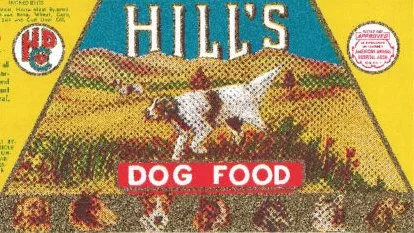 Vintage Hill's dog food advertisement with an illustration of a dog running through a colorful landscape, featuring the text 'HILL'S' at the top and 'DOG FOOD' in red across the center.