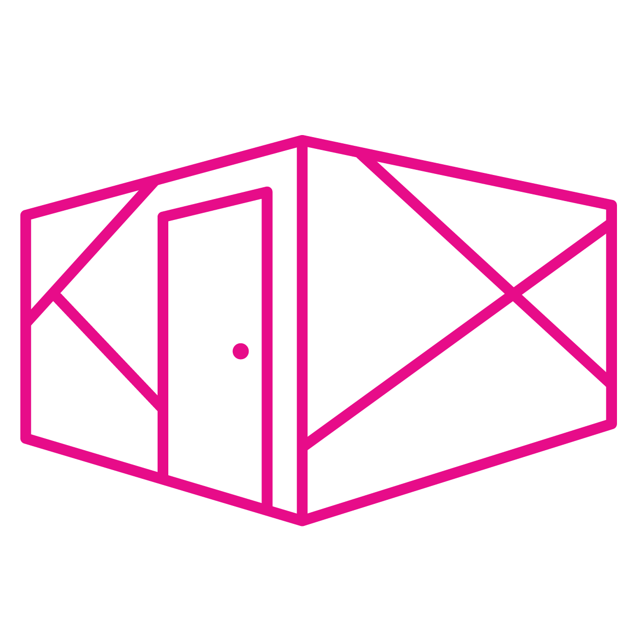 Line drawing of a 3D geometric shaped door with pink outlines on a black background.