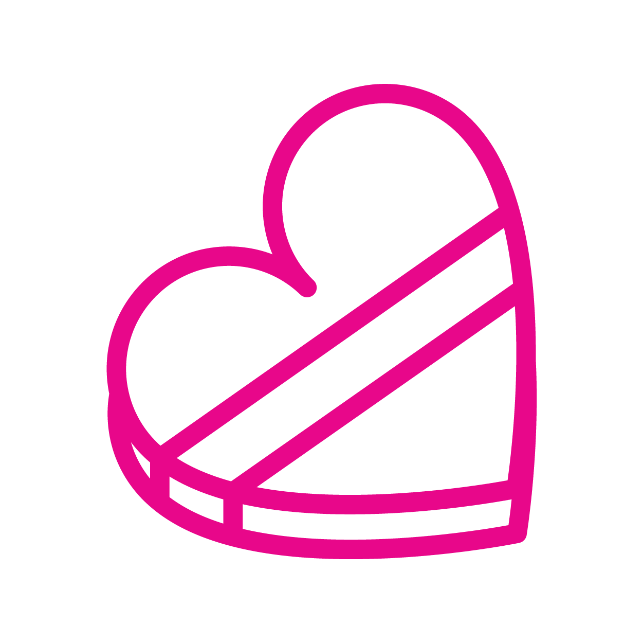 Pink outlined broken heart icon with a bite mark on the right side on a black background.