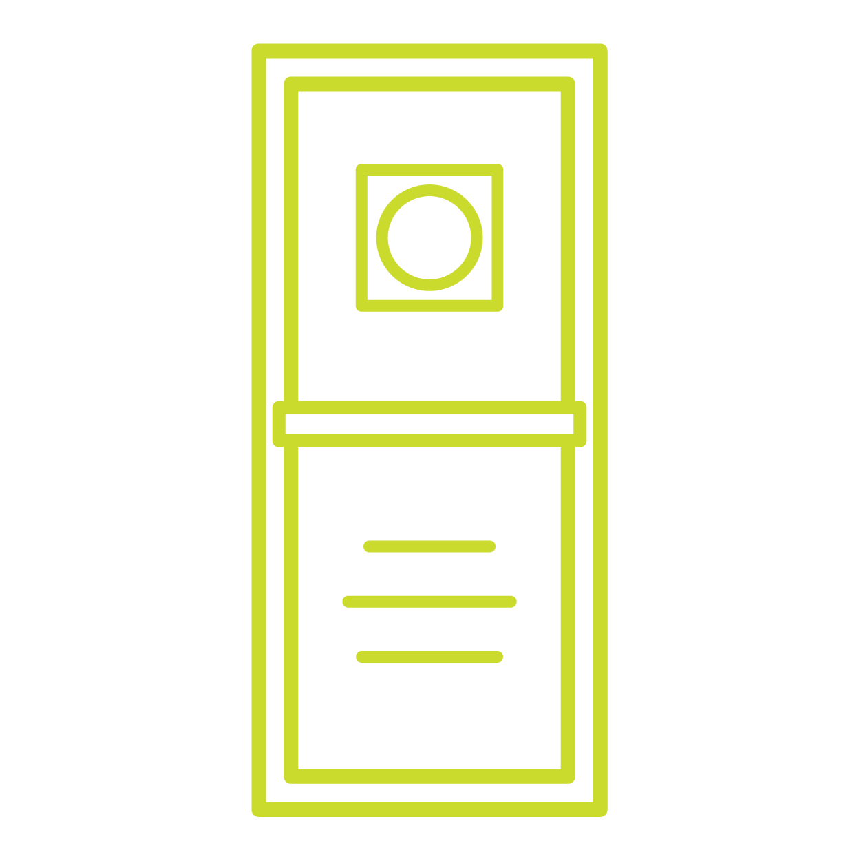 Outline drawing of a microwave oven with a digital display on the front, in bright green on a black background.