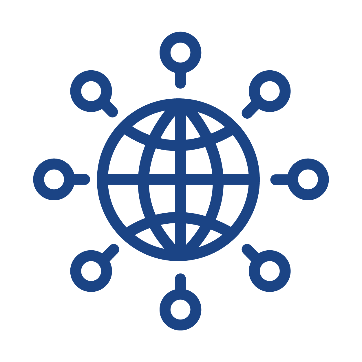 Icon of a globe with multiple location pins surrounding it, symbolizing global connectivity.