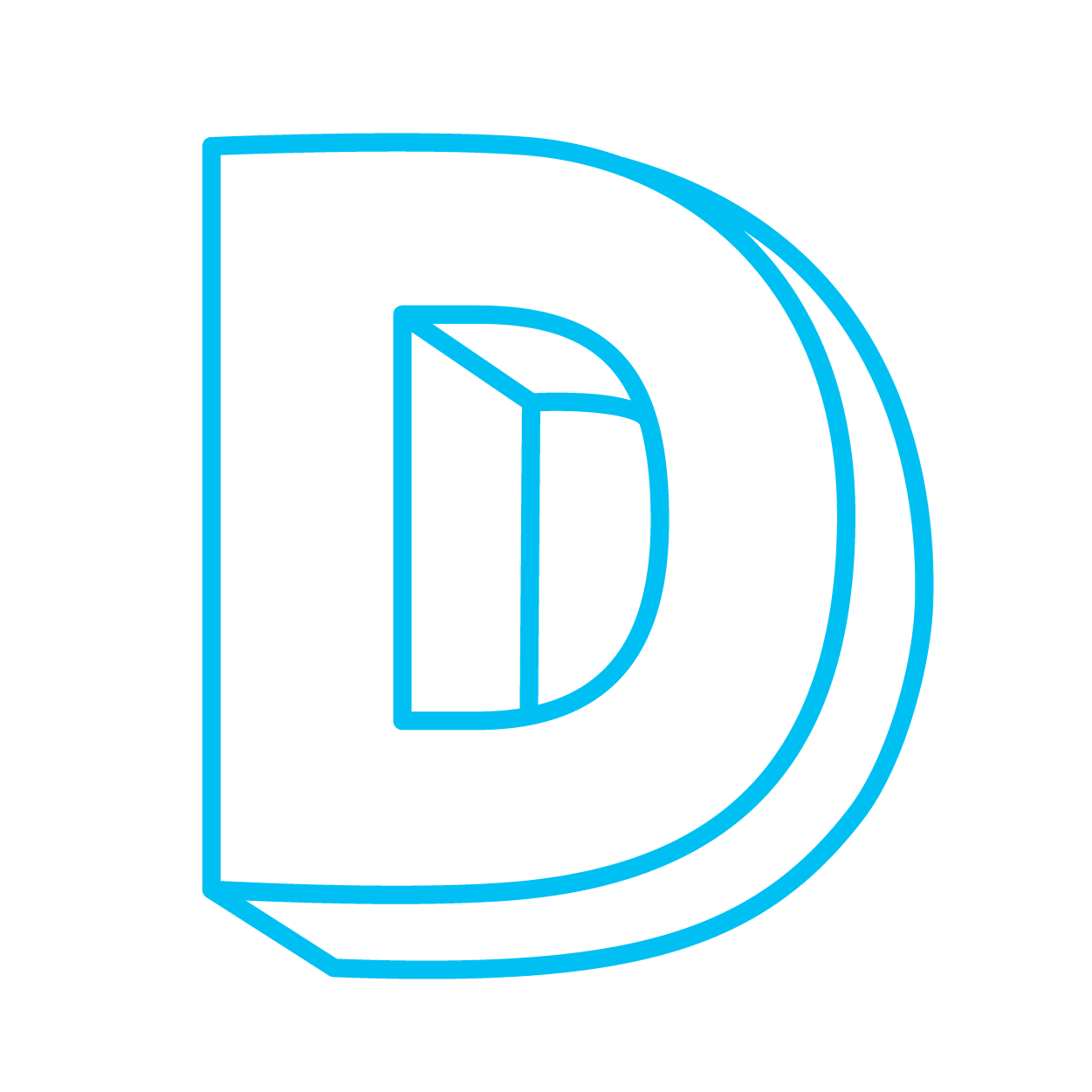 A stylized glowing blue outline of the letter D on a black background.