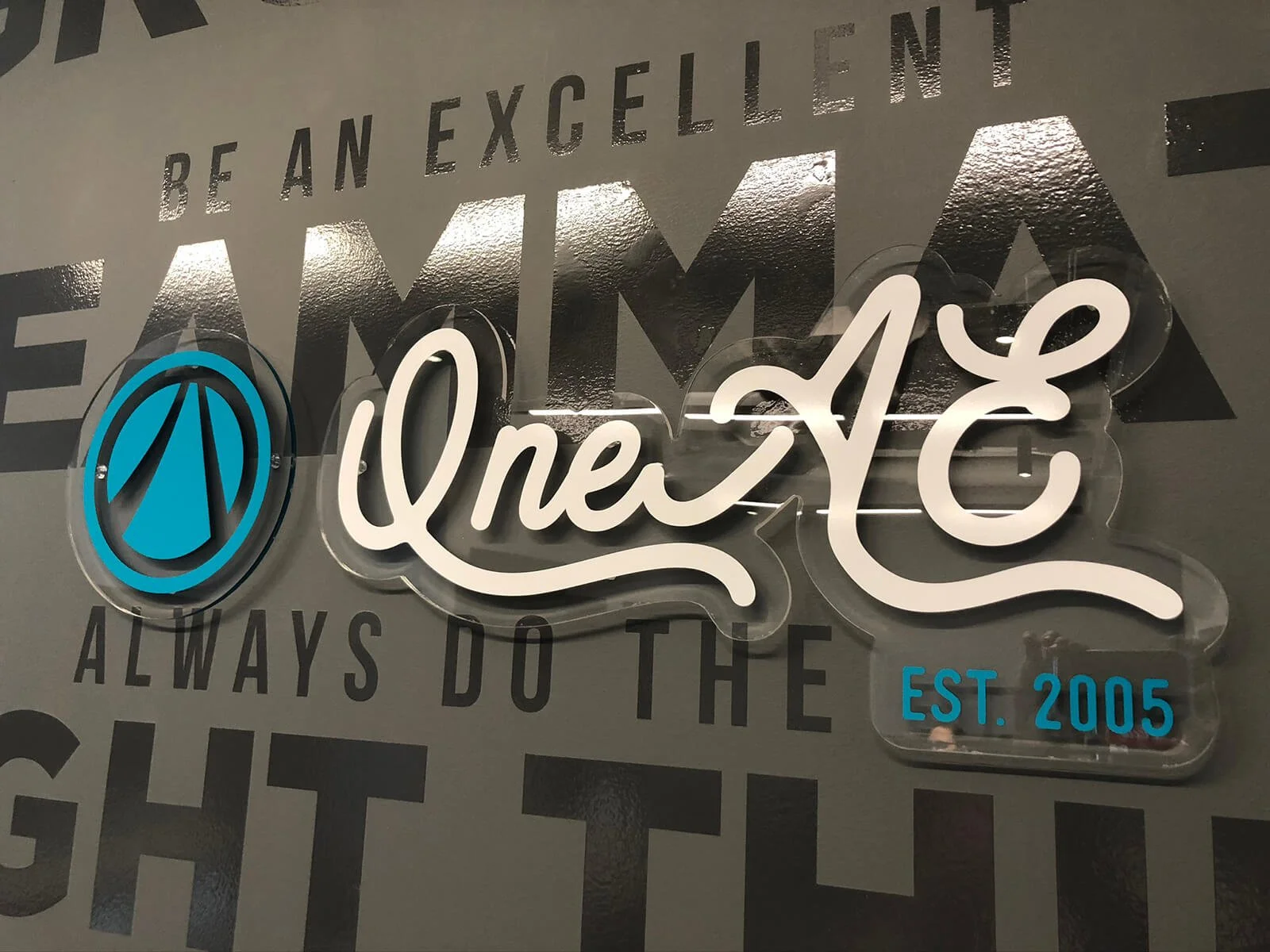 Decorative wall sign with the words 'One AE' in stylized white script, a blue logo to the left, and the text 'EST. 2005' in blue. Part of a larger message about excellence and doing the right thing.