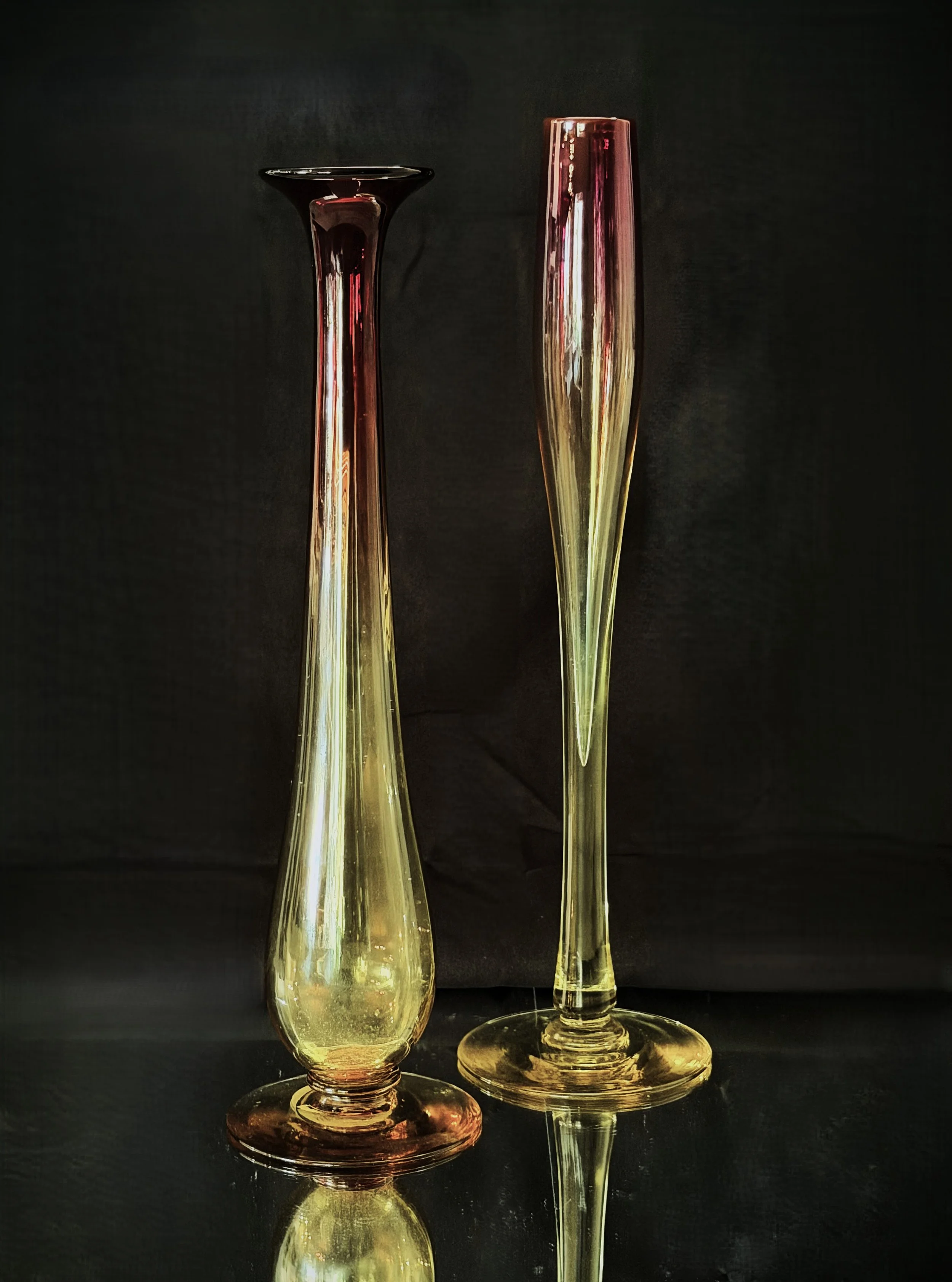 A rare pair of signed Libby amberina vases