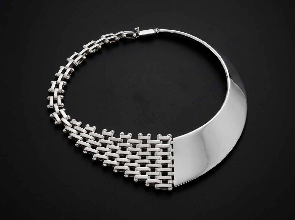 Silver  Bi-design link and solid collar necklace circa 1970-1980