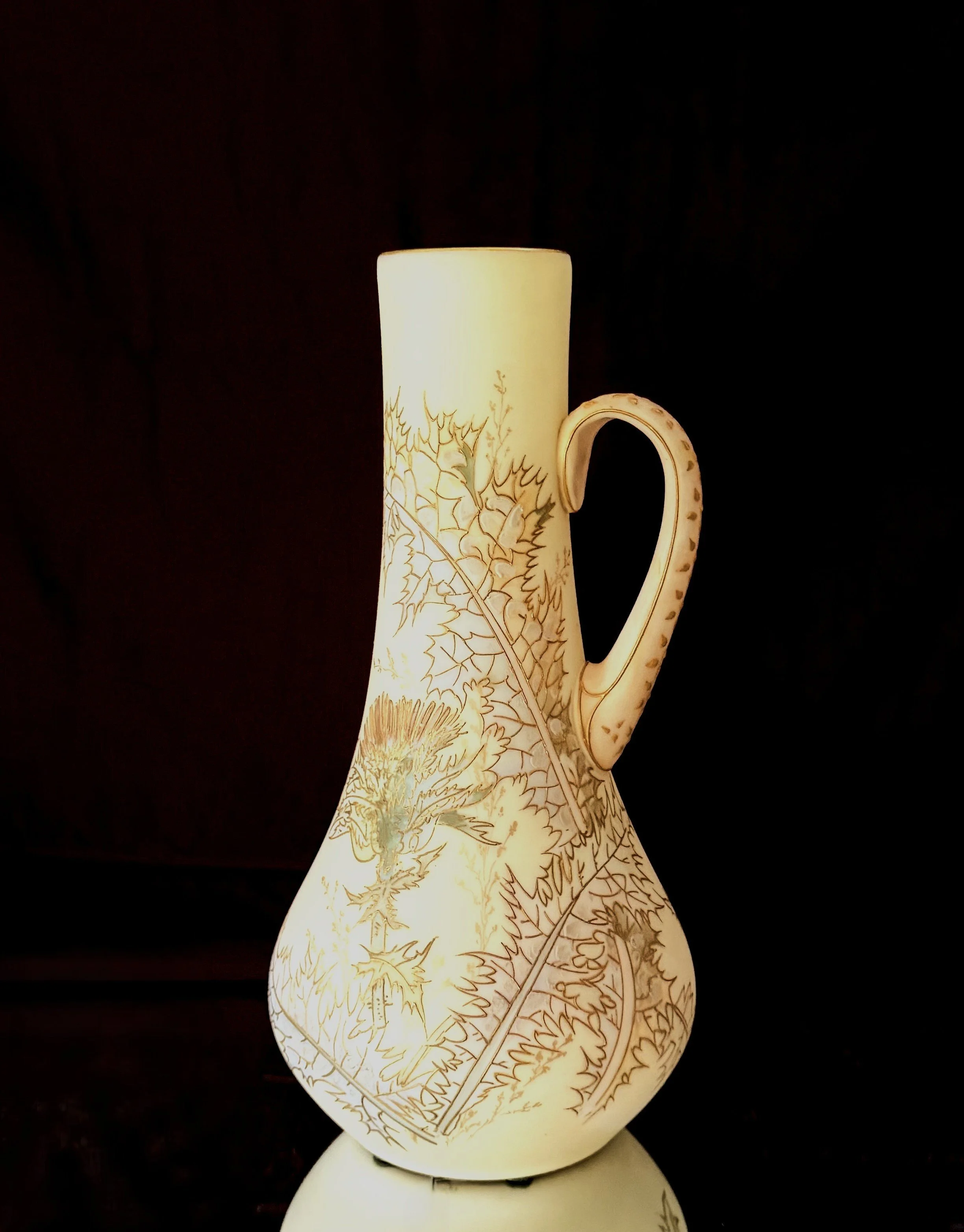 Mt Washington Crown Milano ewer decorated with thistle and vines