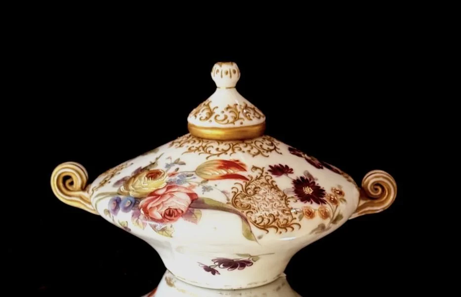 Mt Washington Glass company covered bowl in Colonial ware