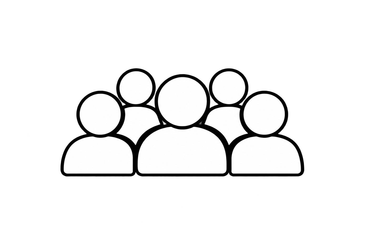 A simple black and white icon of a group of five people, representing a community or team.