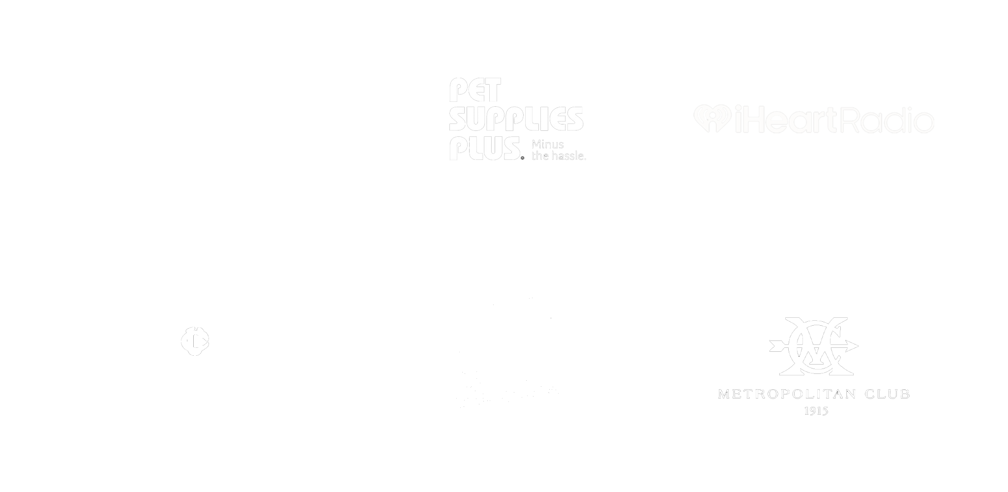 Collection of logos including Progressive, Pet Supplies Plus, iHeartRadio, Union Club of Cleveland, URL Off-Broadway League, Metropolitan Club 1915, and others, on a black background.