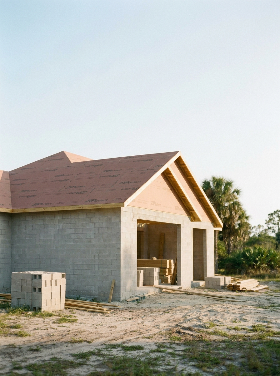 New Florida home under construction with concrete block walls and roof trusses decked, ready for the next phase