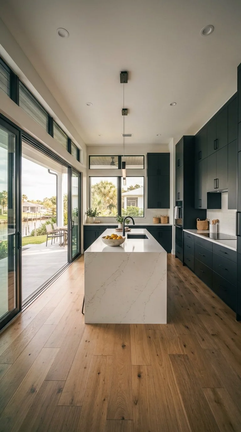 Renovated Florida kitchen with matte black cabinets, white quartz waterfall island, oak floors and impact sliding doors