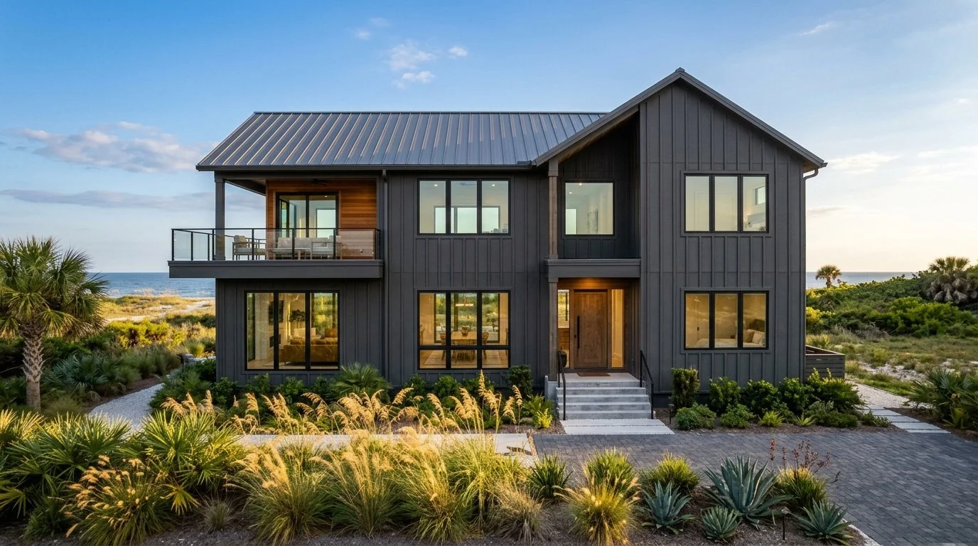 Modern two-story coastal Florida home with charcoal board-and-batten fiber cement siding, black impact windows and a standing-seam metal roof