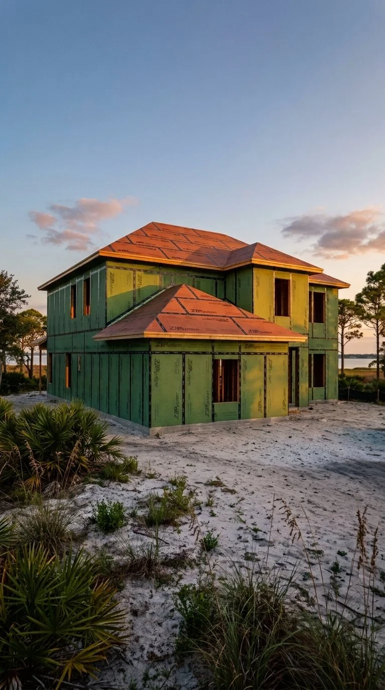Custom Florida home under construction near the water, sheathed in ZIP System panels, built by Element Homes