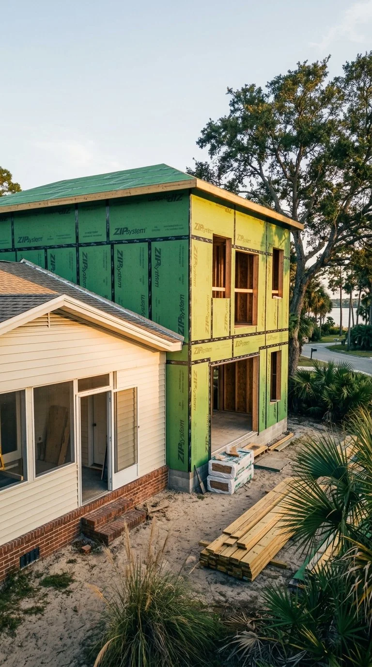 Two-story home addition on an older Florida house, framed and sheathed in ZIP System panels with taped seams