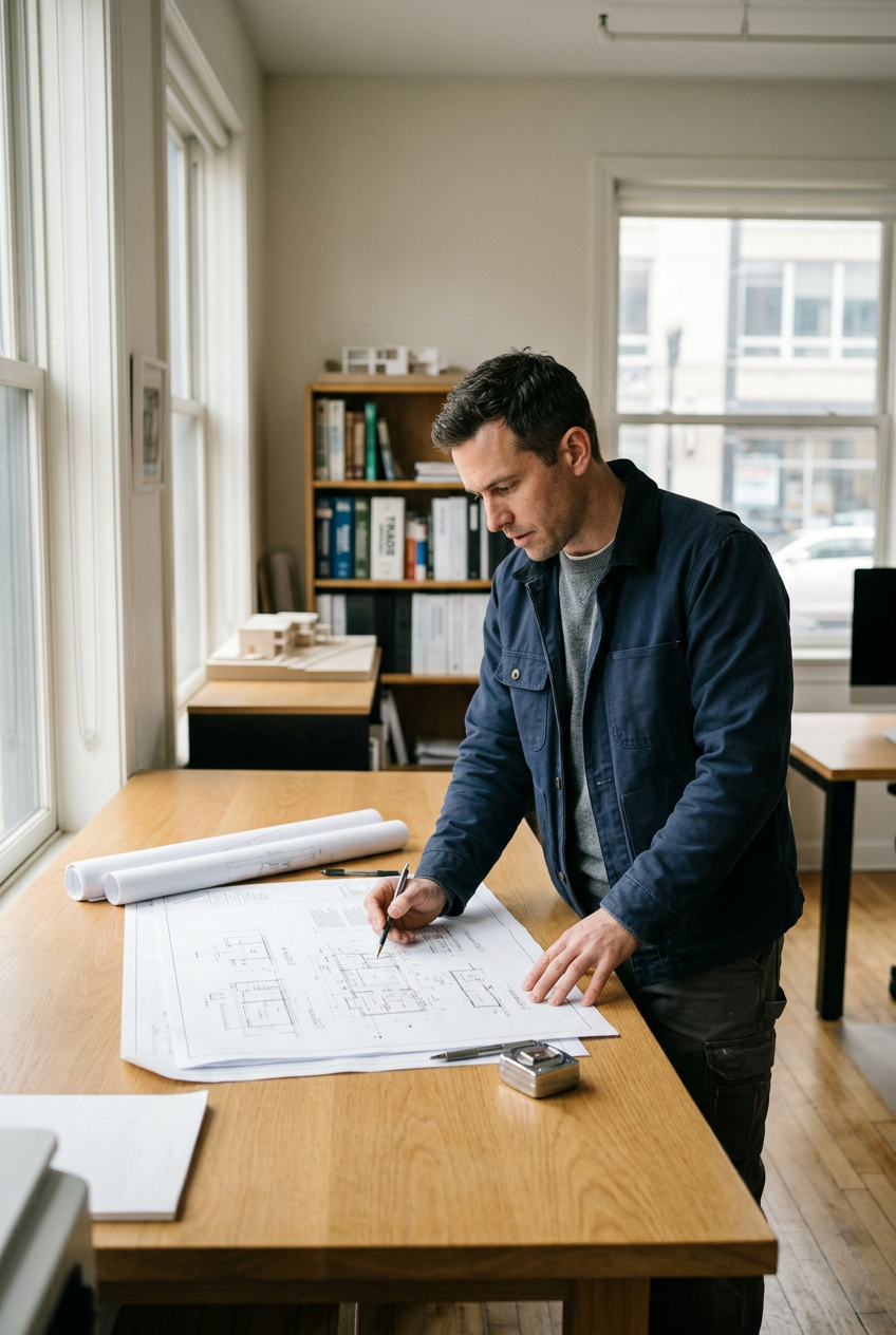 Builder reviewing house plans at a desk before construction